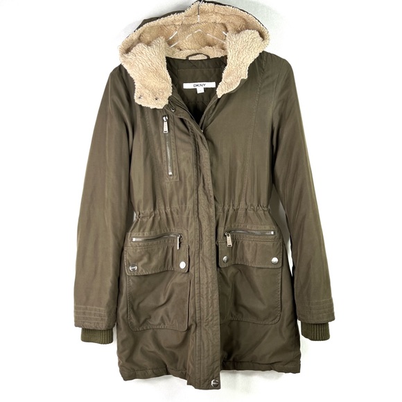Dkny Jackets & Blazers - DKNY Parka Jacket Winter Coat Shearling Hood Green Zip Pockets Insulated Warm